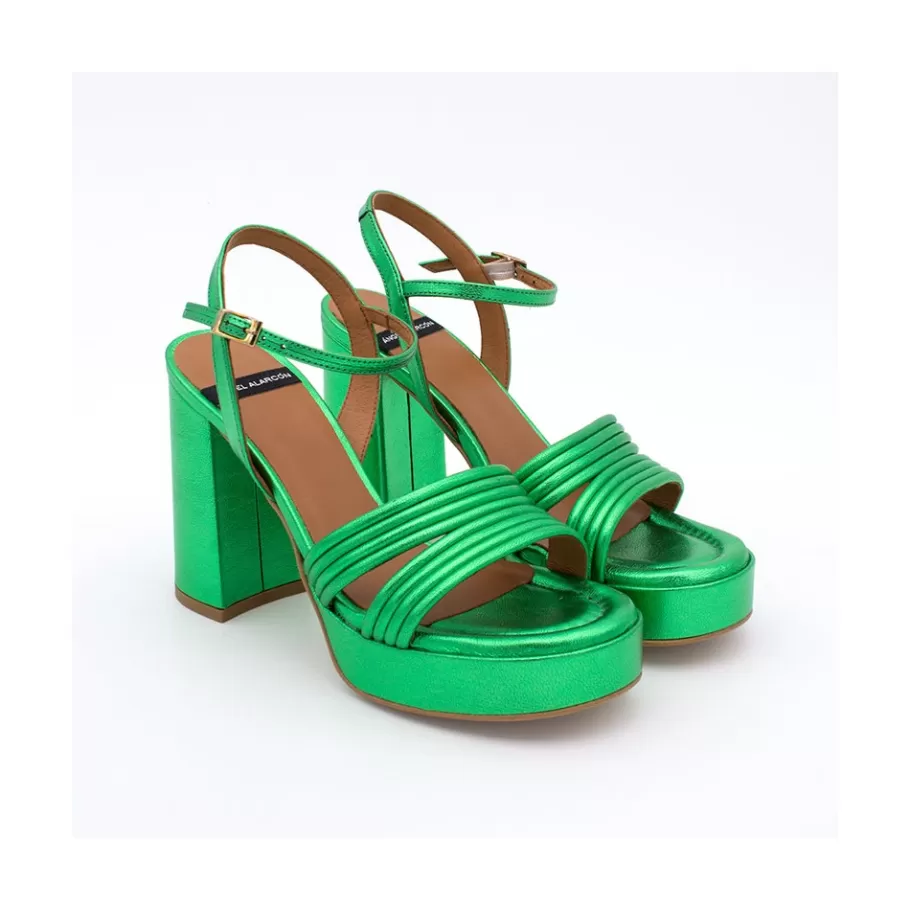 Metallized Shoes<Ángel Alarcón Amber - Strap Metallized Leather Sandals With Block High Heel & Platform